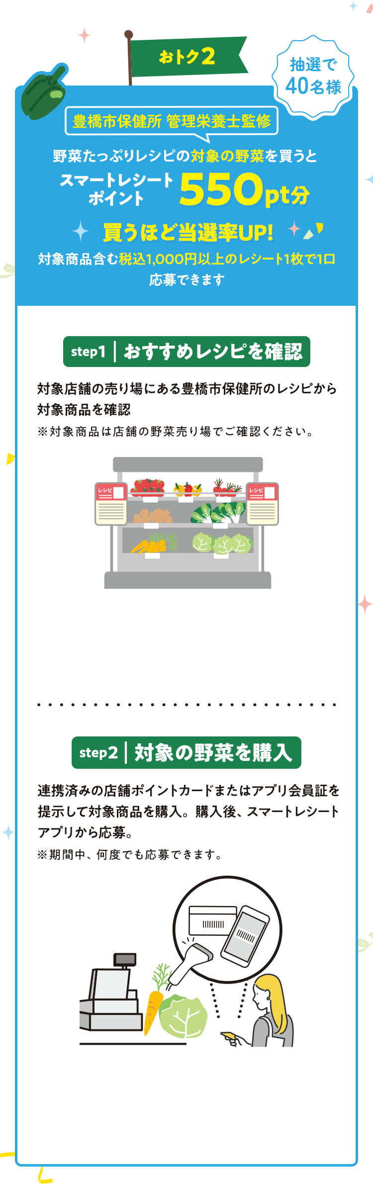 おトク2/抽選で40名様/豊橋市保健所管理栄養士監修/野菜たっぷりレシピの対象の野菜を買うとスマートレシートポイント550pt分/買うほど当選率UP！対象商品含む1000円以上のレシート１枚で１口応募できます/step1おすすめレシピを確認/対象店舗の売り場にある豊橋市保健所のレシピから対象商品を確認※※対象商品は店舗の野菜売り場でご確認ください。/step2対象の野菜を購入/連携済みの店舗ポイントカードまたはアプリ会員証を提示して対象商品を購入。購入後、スマートレシート
アプリから応募。※期間中、何度でも応募できます。