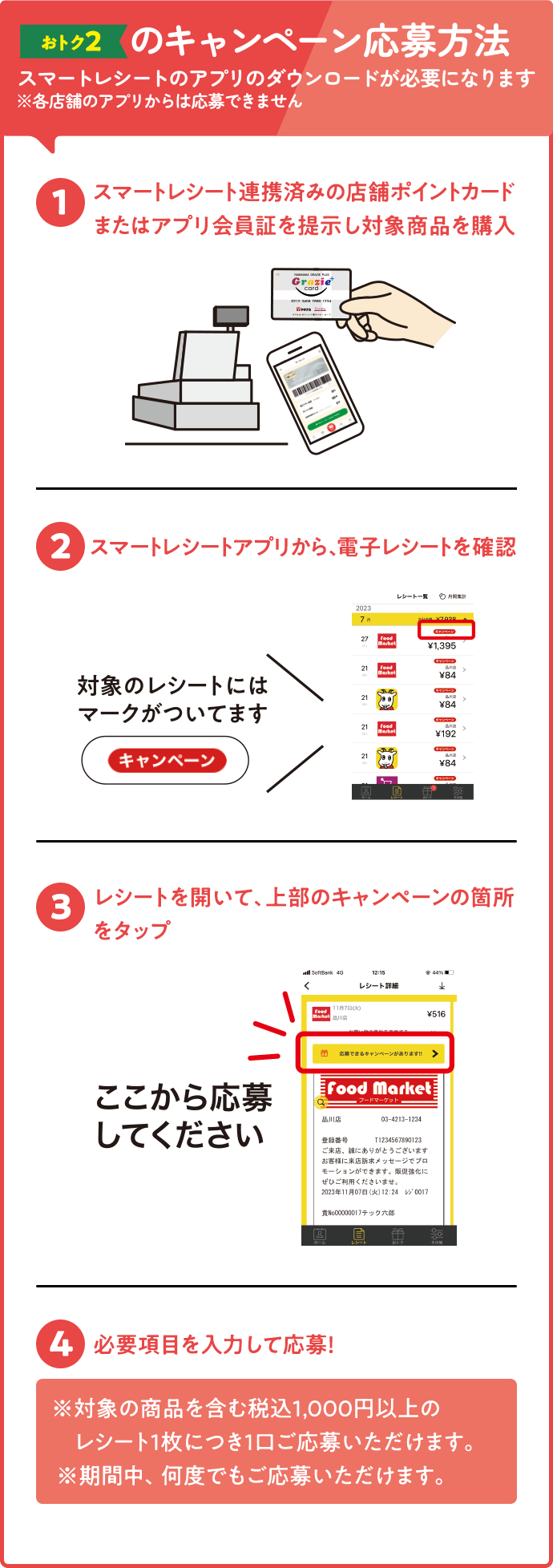 おトク2のキャンペーン応募方法/スマートレシートのアプリのダウンロードが必要になります※各店舗のアプリからは応募できません/①スマートレシート連携済みの店舗ポイントカードまたはアプリ会員証を提示し対象商品を購入/②スマートレシートアプリから、電子レシートを確認/③レシートを開いて、上部のキャンペーンの箇所をタップ/④必要項目を入力して応募！※対象の商品を含む1,000円以上のレシート1枚につき1口ご応募いただけます。※期間中、何度でもご応募いただけます。