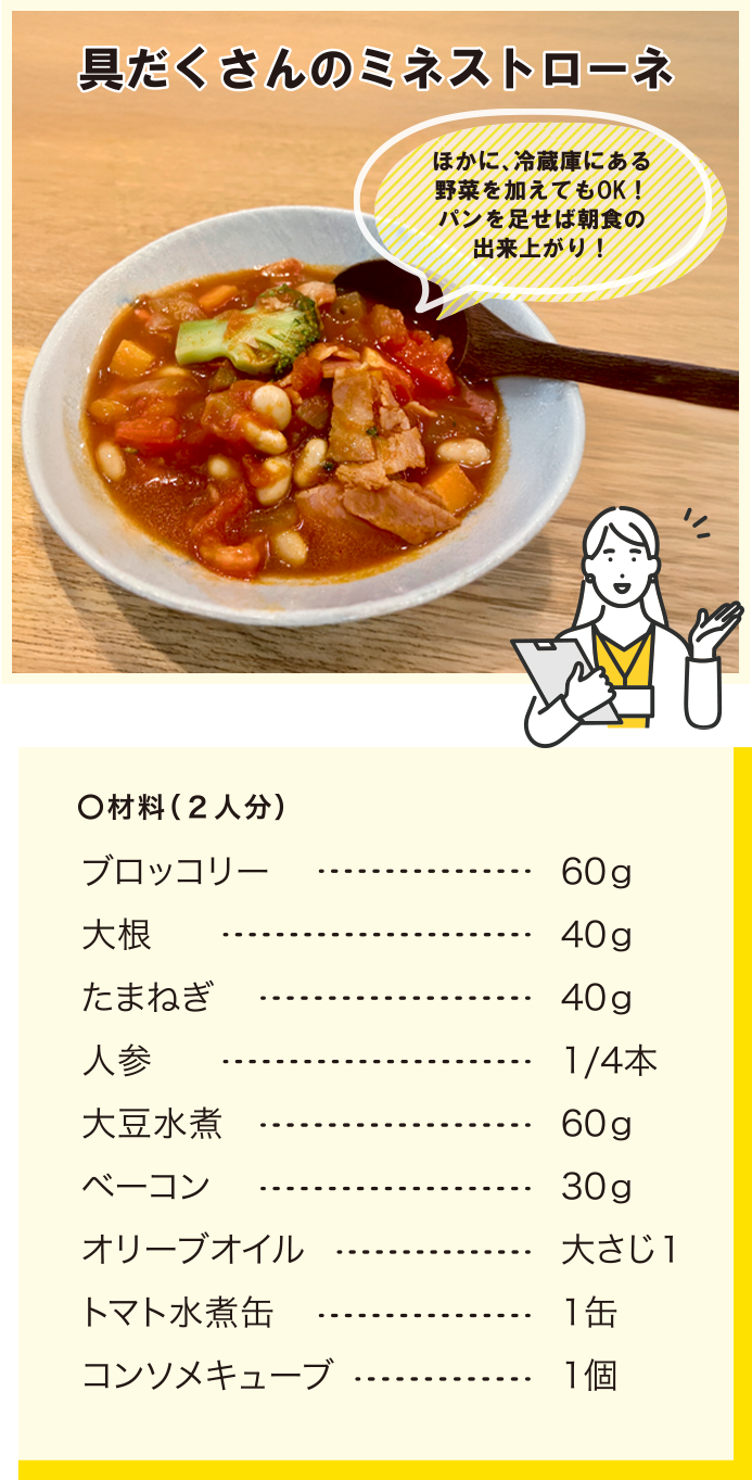 具だくさんのミネストローネ/ほかに、冷蔵庫にある野菜を加えてもOK！パンを足せば朝食の出来上がり！/材料(2人分)/ブロッコリー60g/大根40g/たまねぎ40g/人参1/4本/大豆水煮60g/ベーコン30g/オリーブオイル大さじ1/トマト水煮缶1缶/コンソメキューブ1個