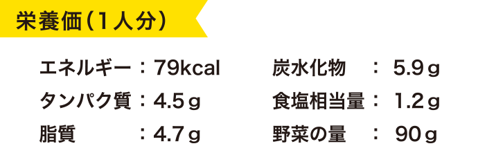 栄養価(1人分)/エネルギー79kcal/炭水化物5.9g/タンパク質4.5g/食塩相当量1.2g/脂質4.7g/野菜の量90g