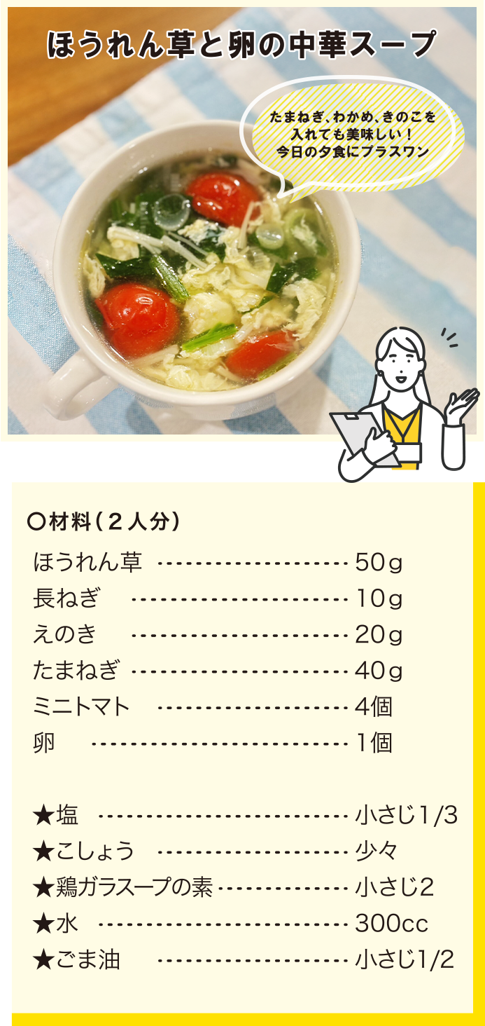 ほうれん草と卵の中華スープ/たまねぎ、わかめ、きのこを入れても美味しい！今日の夕食にプラスワン/材料(2人分)/ほうれん草50g/長ねぎ10g/えのき20g/たまねぎ40g/ミニトマト4個/卵1個/★塩小さじ1/3/★こしょう少々/★鶏がらスープの素小さじ2/★水300cc/★ごま油小さじ1/2